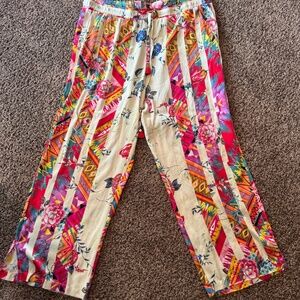 Johnny Was Silk Floral Boho Lounge Pants XL | Bright Tribal Print